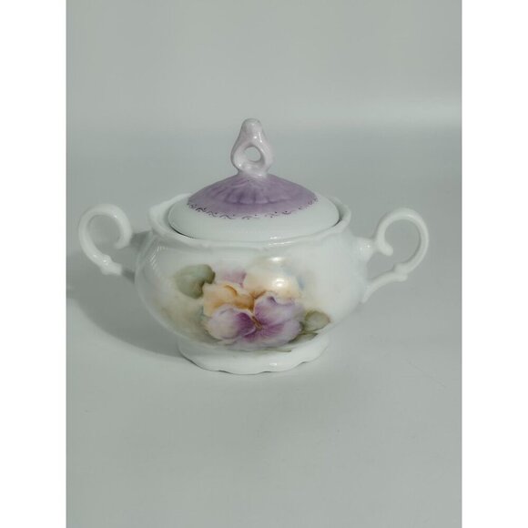 Antique Hand Painted Porcelain Sugar Bowl With Purple Lid & Floral Design - Picture 1 of 12